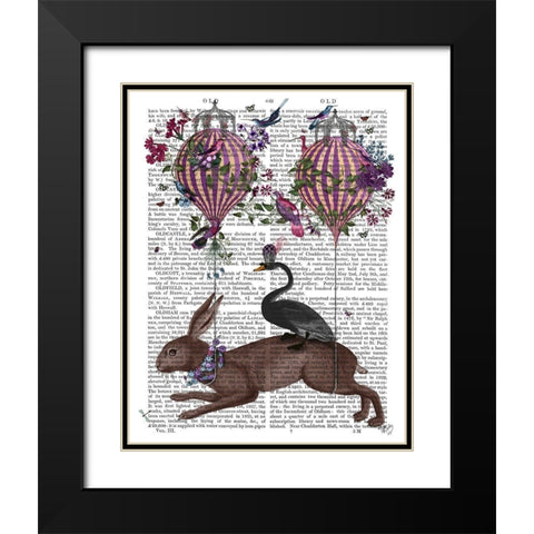 Hare Birdkeeper, Hot Air Balloon Black Modern Wood Framed Art Print with Double Matting by Fab Funky