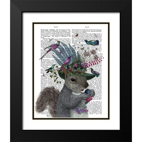 Squirrel Birdkeeper and Blue Acorns Black Modern Wood Framed Art Print with Double Matting by Fab Funky