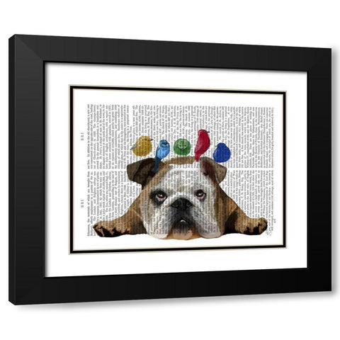 English Bulldog and Birds Black Modern Wood Framed Art Print with Double Matting by Fab Funky
