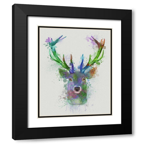 Deer Head 1 Rainbow Splash Blue and Green Black Modern Wood Framed Art Print with Double Matting by Fab Funky