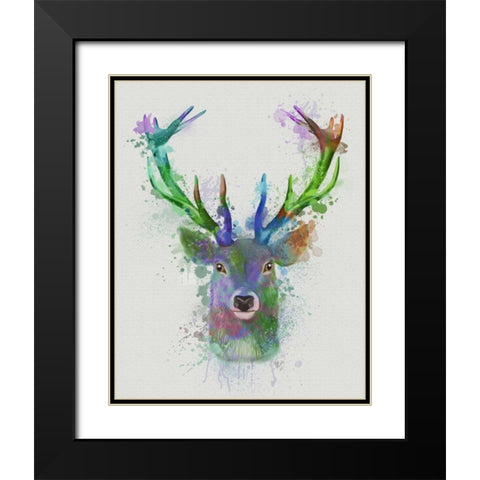 Deer Head 1 Rainbow Splash Blue and Green Black Modern Wood Framed Art Print with Double Matting by Fab Funky