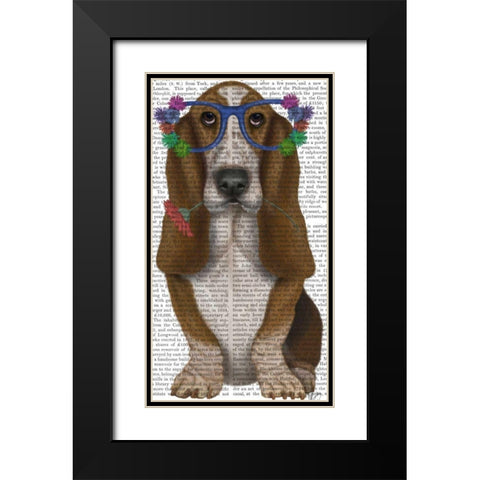Basset Hound Flower Glasses Black Modern Wood Framed Art Print with Double Matting by Fab Funky