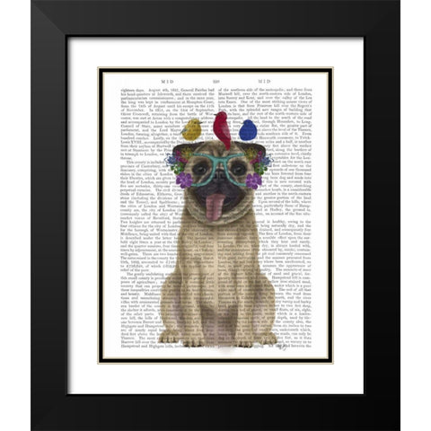 Pug and Flower Glasses Black Modern Wood Framed Art Print with Double Matting by Fab Funky