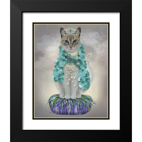 Grey Cat With Bells, Full Black Modern Wood Framed Art Print with Double Matting by Fab Funky