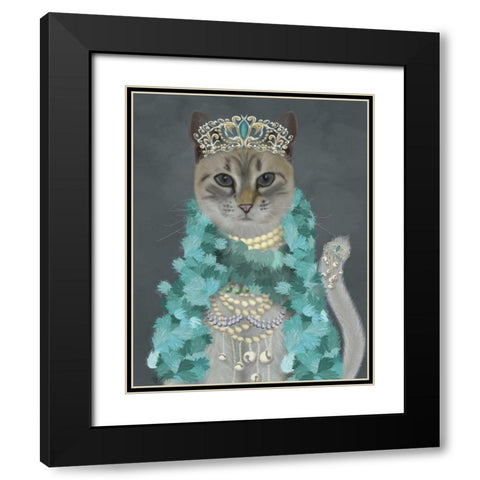 Grey Cat With Bells, Portrait Black Modern Wood Framed Art Print with Double Matting by Fab Funky