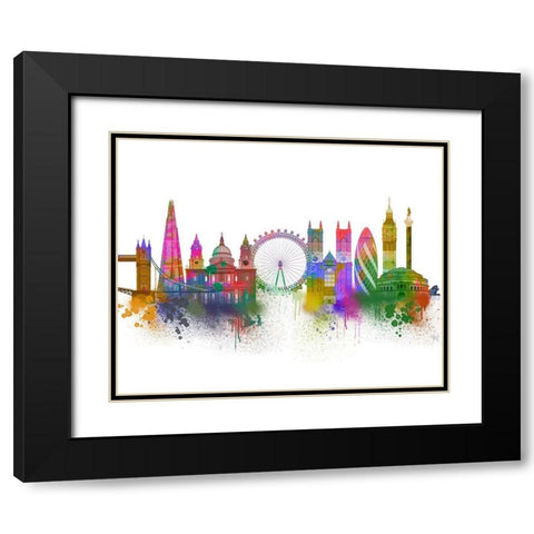 London Skyline Rainbow Bright Black Modern Wood Framed Art Print with Double Matting by Fab Funky
