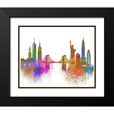New York Skyline Rainbow Bright  Black Modern Wood Framed Art Print with Double Matting by Fab Funky