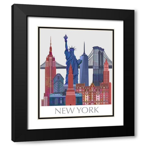 New York Landmarks , Red Blue Black Modern Wood Framed Art Print with Double Matting by Fab Funky