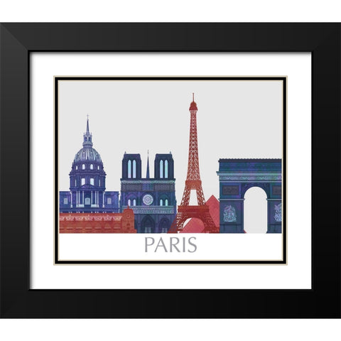 Paris Landmarks , Red Blue Black Modern Wood Framed Art Print with Double Matting by Fab Funky