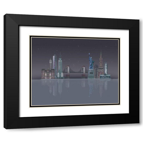 New York Skyline Night Reflections Black Modern Wood Framed Art Print with Double Matting by Fab Funky