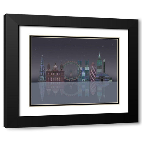 London Skyline Night Reflections Black Modern Wood Framed Art Print with Double Matting by Fab Funky