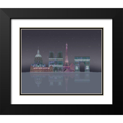 Paris Skyline Night Reflections Black Modern Wood Framed Art Print with Double Matting by Fab Funky