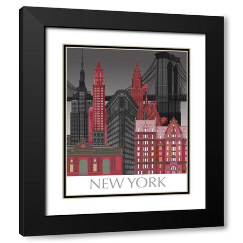 New York Elevations by Night Red Black Modern Wood Framed Art Print with Double Matting by Fab Funky