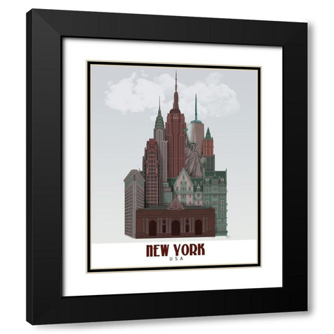 New York in Clouds Dark Red and Green Black Modern Wood Framed Art Print with Double Matting by Fab Funky