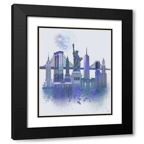 New York Skyline Watercolour Splash Blue Black Modern Wood Framed Art Print with Double Matting by Fab Funky