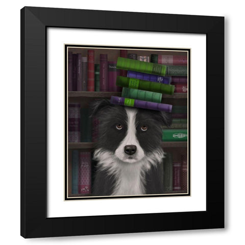 Border Collie, Black and White, and Books Black Modern Wood Framed Art Print with Double Matting by Fab Funky
