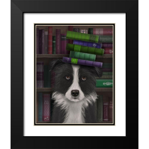 Border Collie, Black and White, and Books Black Modern Wood Framed Art Print with Double Matting by Fab Funky