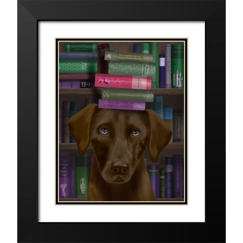 Brown Labrador and Books Black Modern Wood Framed Art Print with Double Matting by Fab Funky