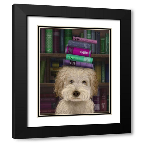 Labradoodle, Cream, and Books Black Modern Wood Framed Art Print with Double Matting by Fab Funky