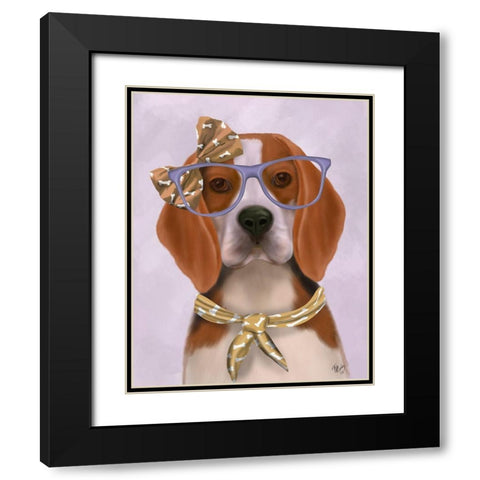Beagle with Glasses and Scarf Black Modern Wood Framed Art Print with Double Matting by Fab Funky