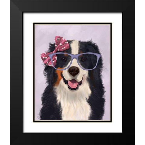Bernese with Glasses and Bow Black Modern Wood Framed Art Print with Double Matting by Fab Funky