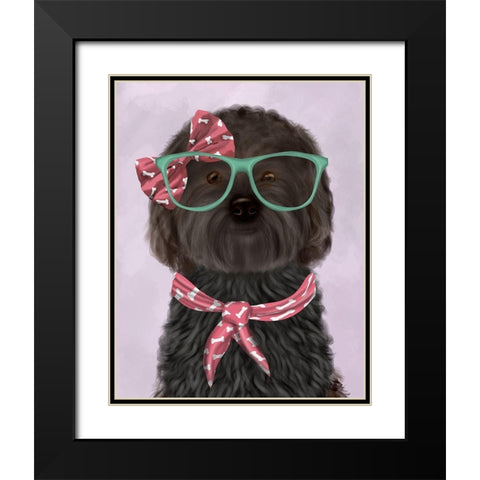 Cockerpoo, Black, with Glasses and Scarf Black Modern Wood Framed Art Print with Double Matting by Fab Funky