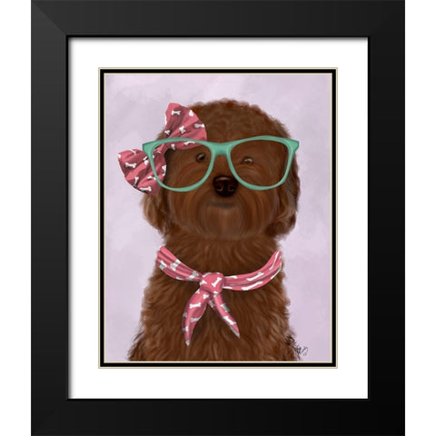 Cockerpoo, Chocolate, with Glasses and Scarf Black Modern Wood Framed Art Print with Double Matting by Fab Funky