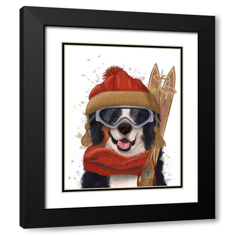 Bernese Ski Dog Black Modern Wood Framed Art Print with Double Matting by Fab Funky