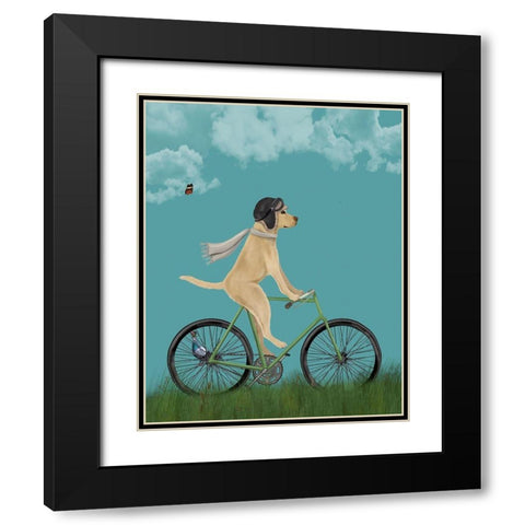 Yellow Labrador in Flying Helmet on Bicycle, Sky Black Modern Wood Framed Art Print with Double Matting by Fab Funky