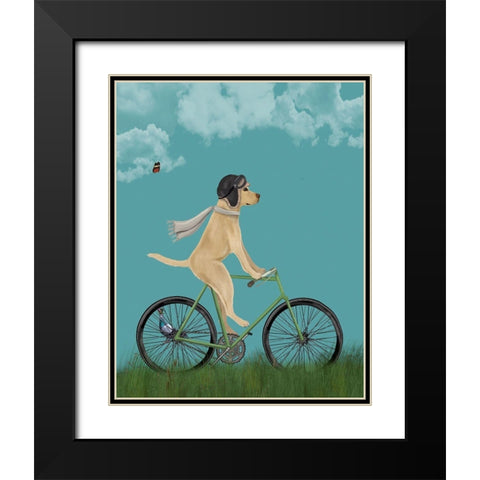 Yellow Labrador in Flying Helmet on Bicycle, Sky Black Modern Wood Framed Art Print with Double Matting by Fab Funky