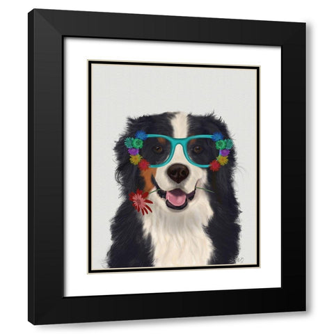 Bernese and Flower Glasses  Black Modern Wood Framed Art Print with Double Matting by Fab Funky