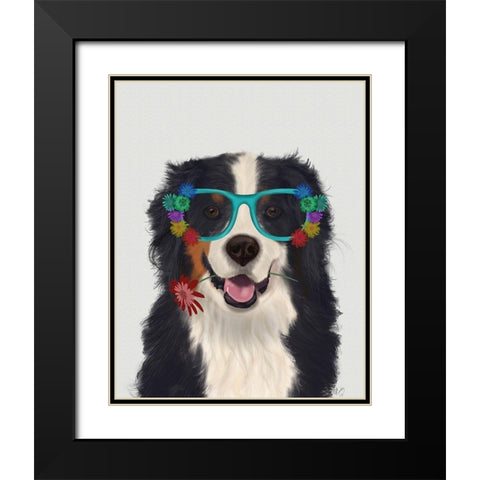 Bernese and Flower Glasses  Black Modern Wood Framed Art Print with Double Matting by Fab Funky