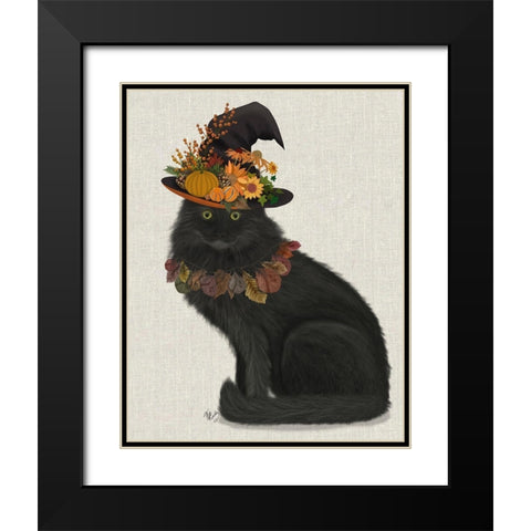 Black Cat with Autumn Hat, Full Black Modern Wood Framed Art Print with Double Matting by Fab Funky