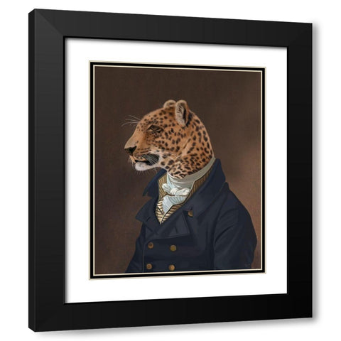 Leopard in Blue Jacket Black Modern Wood Framed Art Print with Double Matting by Fab Funky
