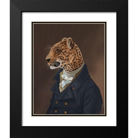 Leopard in Blue Jacket Black Modern Wood Framed Art Print with Double Matting by Fab Funky