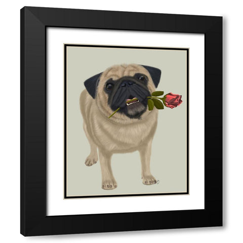 Pug and Rose Black Modern Wood Framed Art Print with Double Matting by Fab Funky