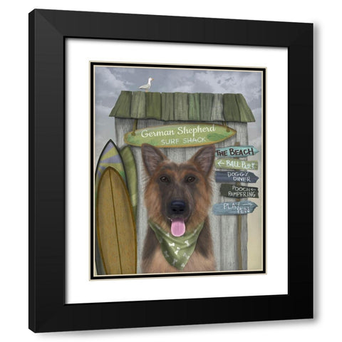 German Shepherd Surf Shack Black Modern Wood Framed Art Print with Double Matting by Fab Funky