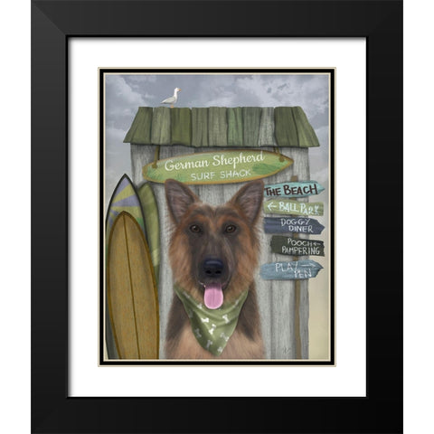 German Shepherd Surf Shack Black Modern Wood Framed Art Print with Double Matting by Fab Funky