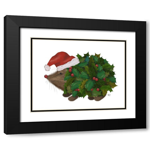 Christmas Holly Hedgehog Black Modern Wood Framed Art Print with Double Matting by Fab Funky