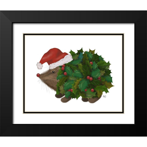 Christmas Holly Hedgehog Black Modern Wood Framed Art Print with Double Matting by Fab Funky