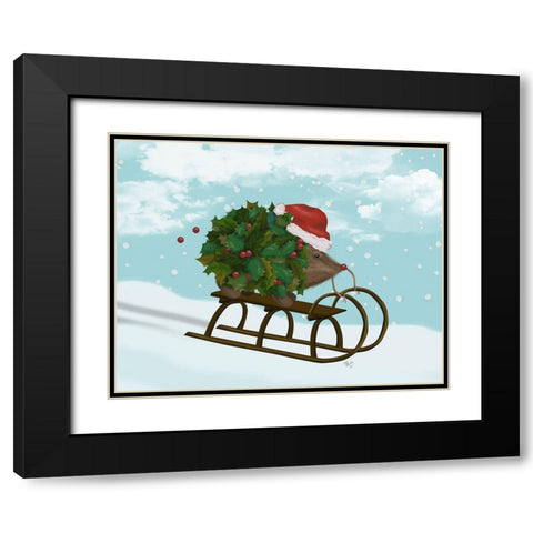 Christmas Holly Hedgehog Sledding Black Modern Wood Framed Art Print with Double Matting by Fab Funky