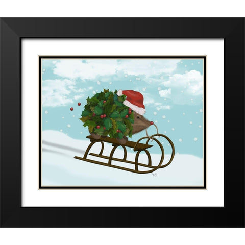 Christmas Holly Hedgehog Sledding Black Modern Wood Framed Art Print with Double Matting by Fab Funky