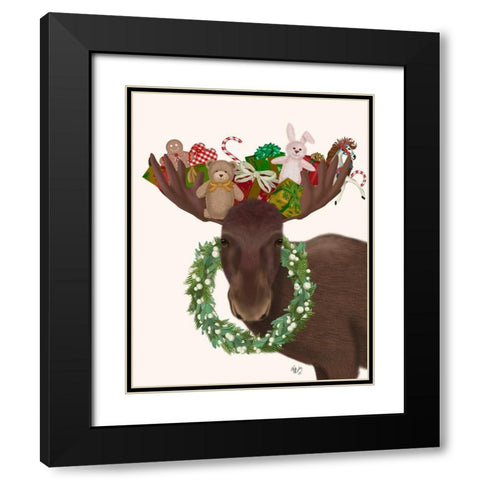 Christmas Moose and Christmas Gifts Black Modern Wood Framed Art Print with Double Matting by Fab Funky