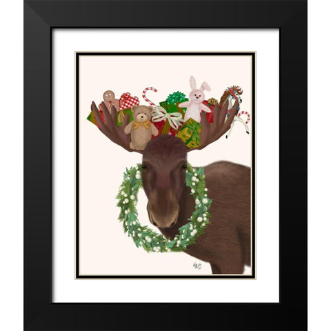 Christmas Moose and Christmas Gifts Black Modern Wood Framed Art Print with Double Matting by Fab Funky
