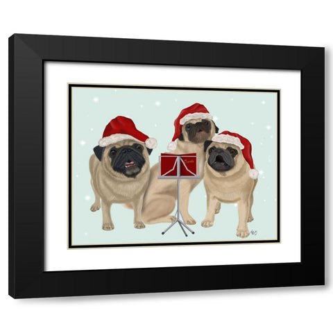 Christmas Pug Trio Carolling Black Modern Wood Framed Art Print with Double Matting by Fab Funky