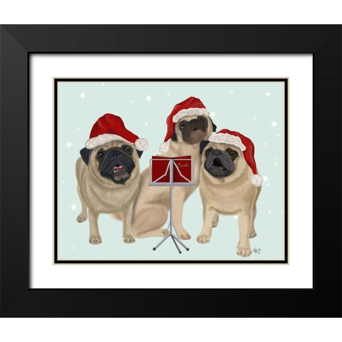 Christmas Pug Trio Carolling Black Modern Wood Framed Art Print with Double Matting by Fab Funky