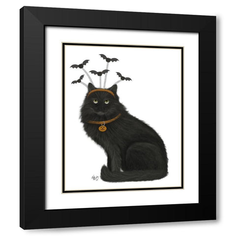 Halloween Black Cat and Bats Black Modern Wood Framed Art Print with Double Matting by Fab Funky