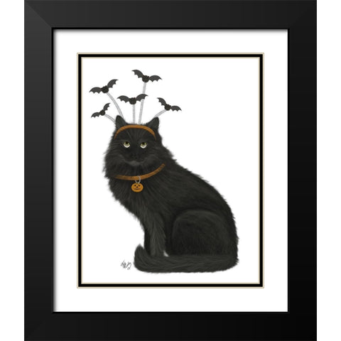 Halloween Black Cat and Bats Black Modern Wood Framed Art Print with Double Matting by Fab Funky