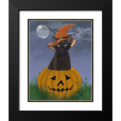 Halloween Black Cat in Pumpkin Black Modern Wood Framed Art Print with Double Matting by Fab Funky