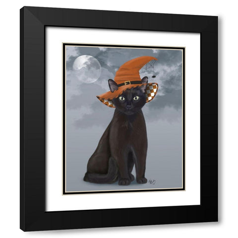 Halloween Black Cat in Witches Hat Black Modern Wood Framed Art Print with Double Matting by Fab Funky